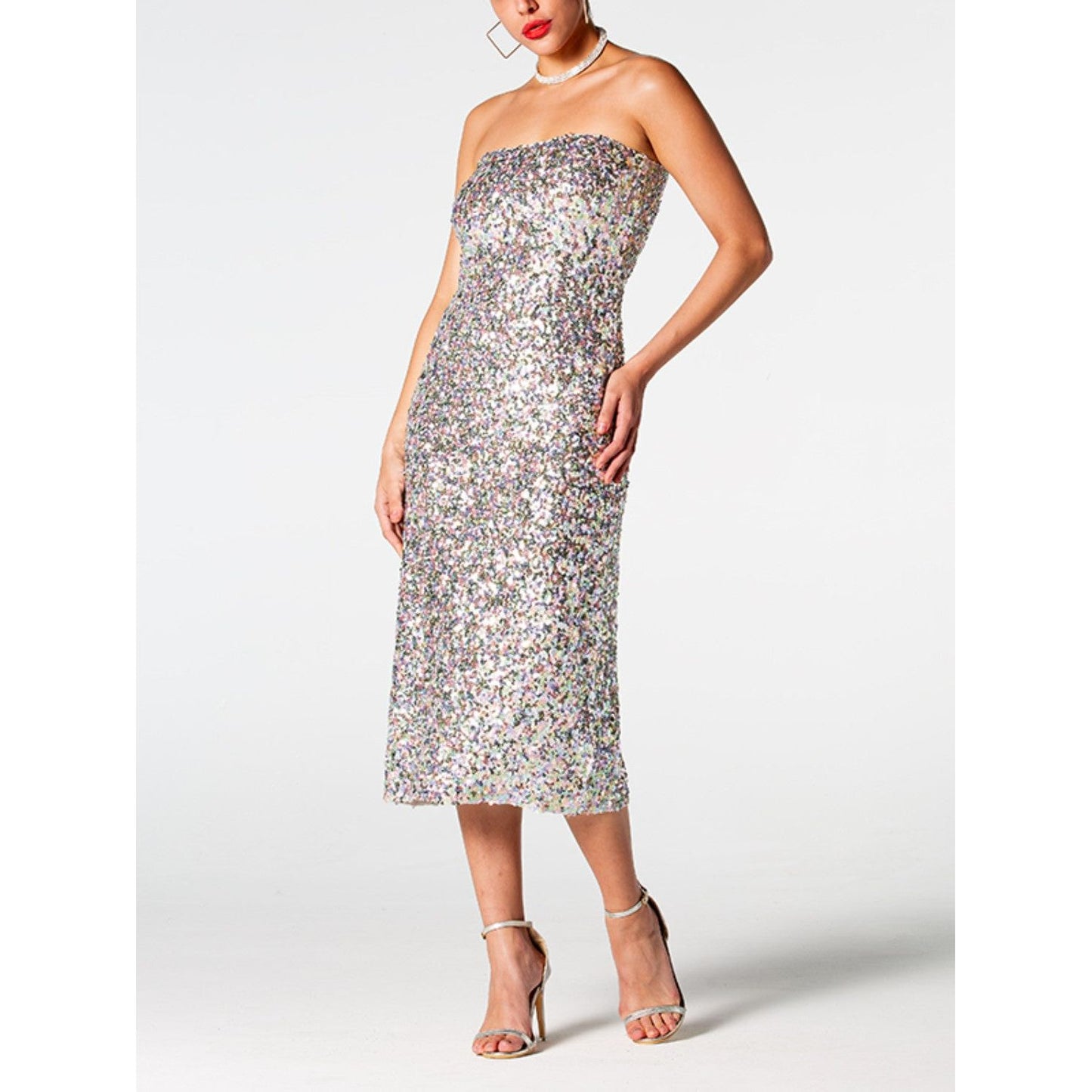 Sequin Straight Neck Midi Wrap Dress