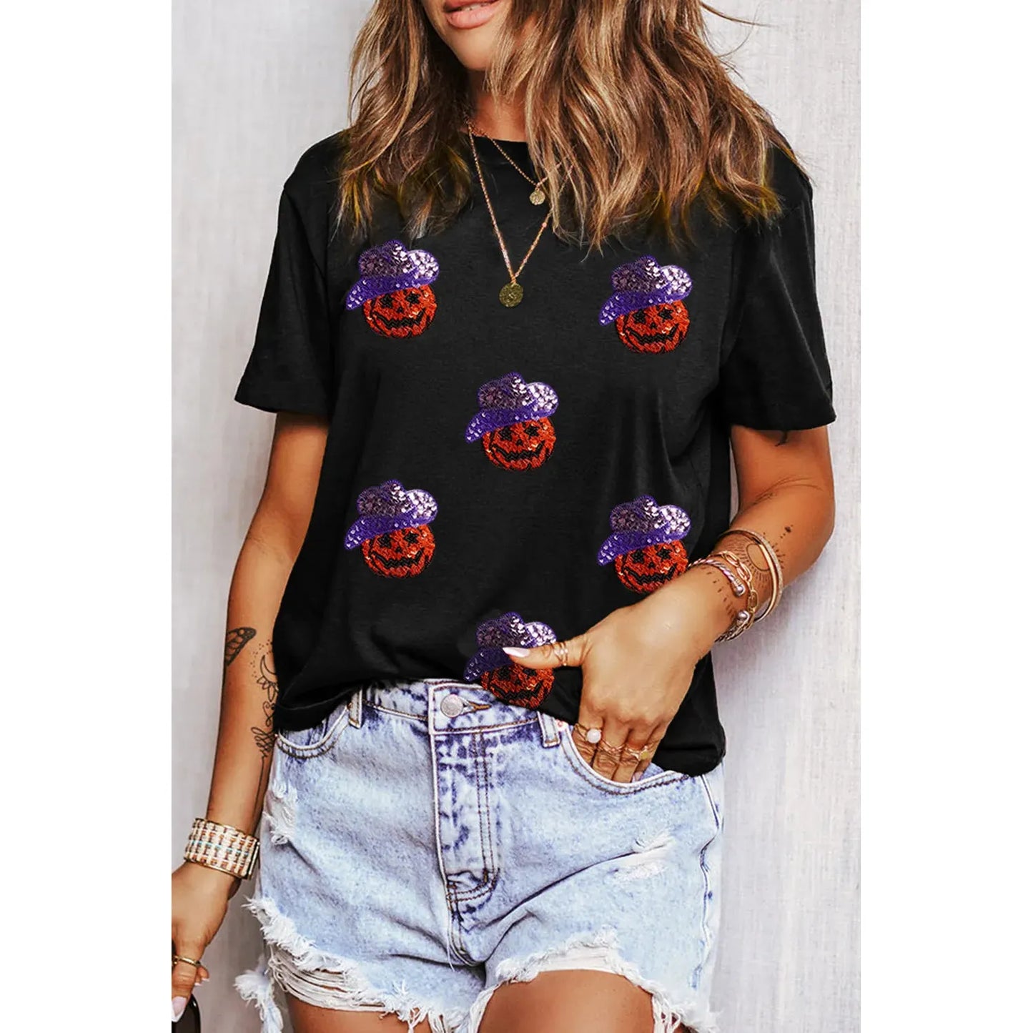 Sequin Pumpkin Round Neck Short Sleeve T-Shirt