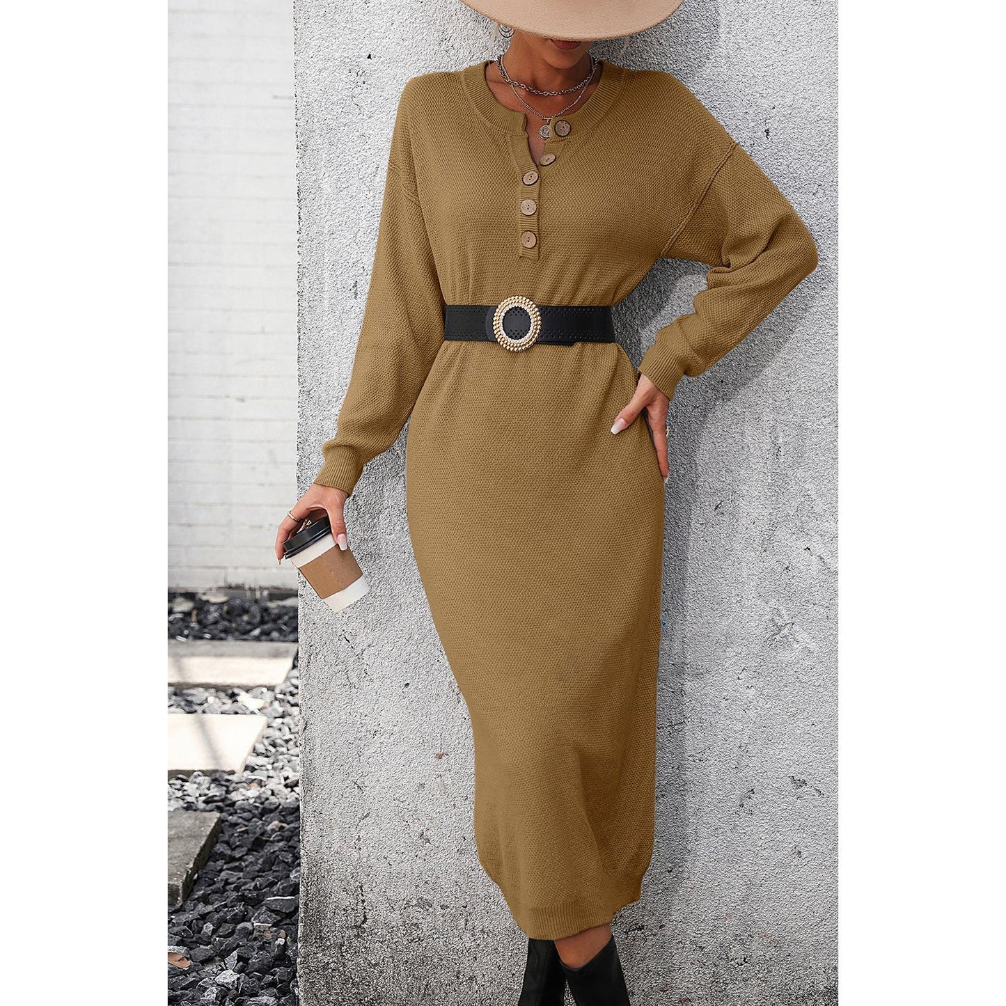 Decorative Button Notched Dropped Shoulder Sweater Dress