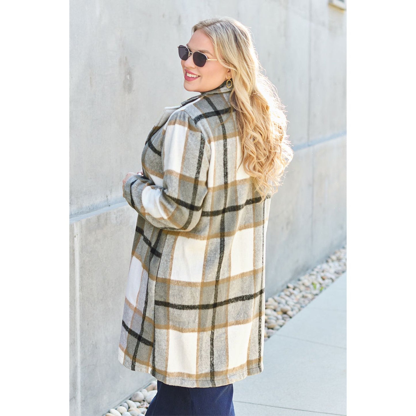 Double Take Full Size Plaid Button Up Lapel Collar Coat