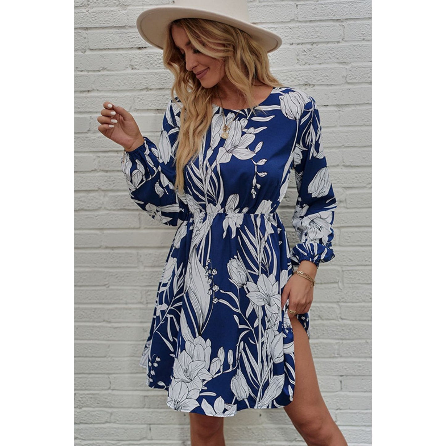 Honey Floral Round Neck Balloon Sleeve Mini Dress