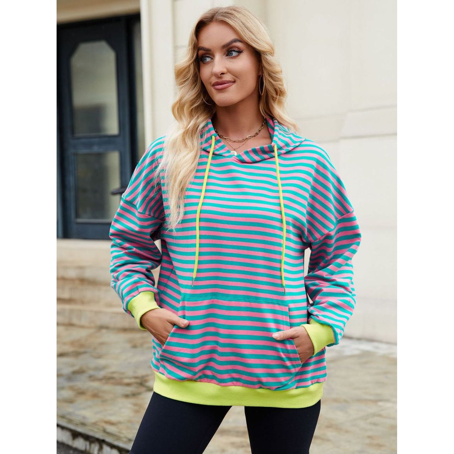 Drawstring Contrast Striped Long Sleeve Hoodie