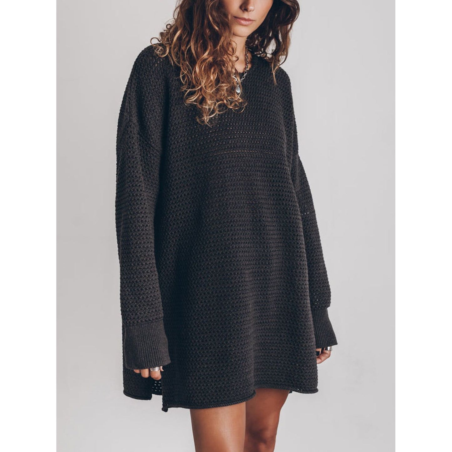 Openwork Round Neck Long Sleeve Slit Sweater