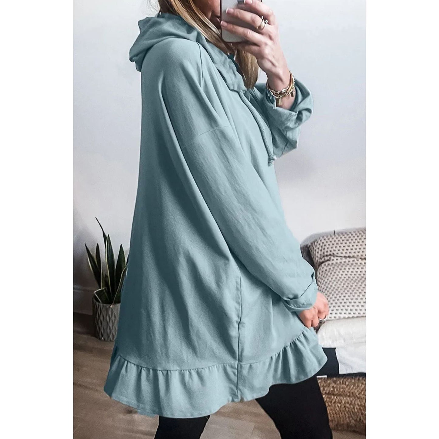 Drawstring Ruffled Dropped Shoulder Long Sleeve Hoodie