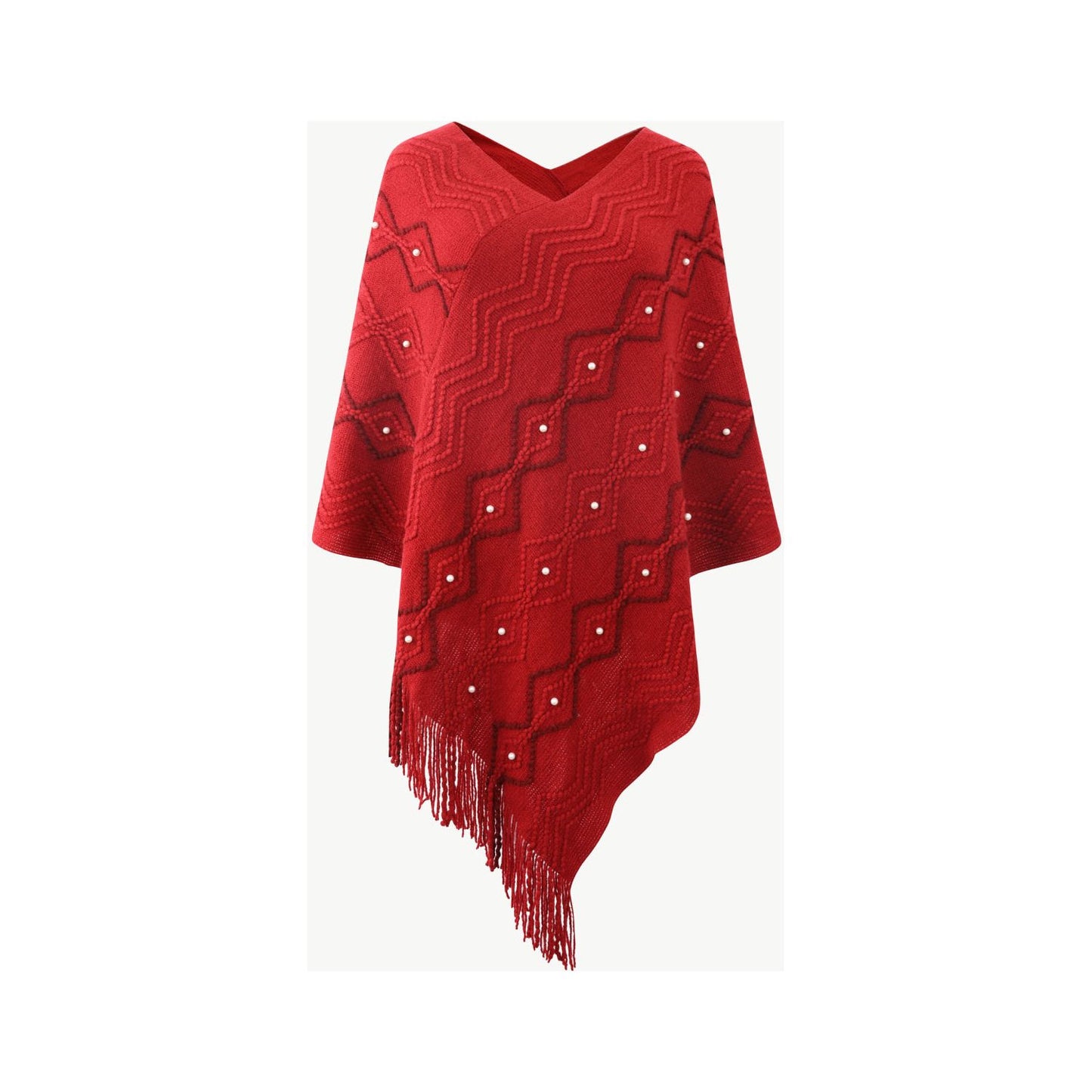 Pearl Trim V-Neck Fringe Hem Poncho