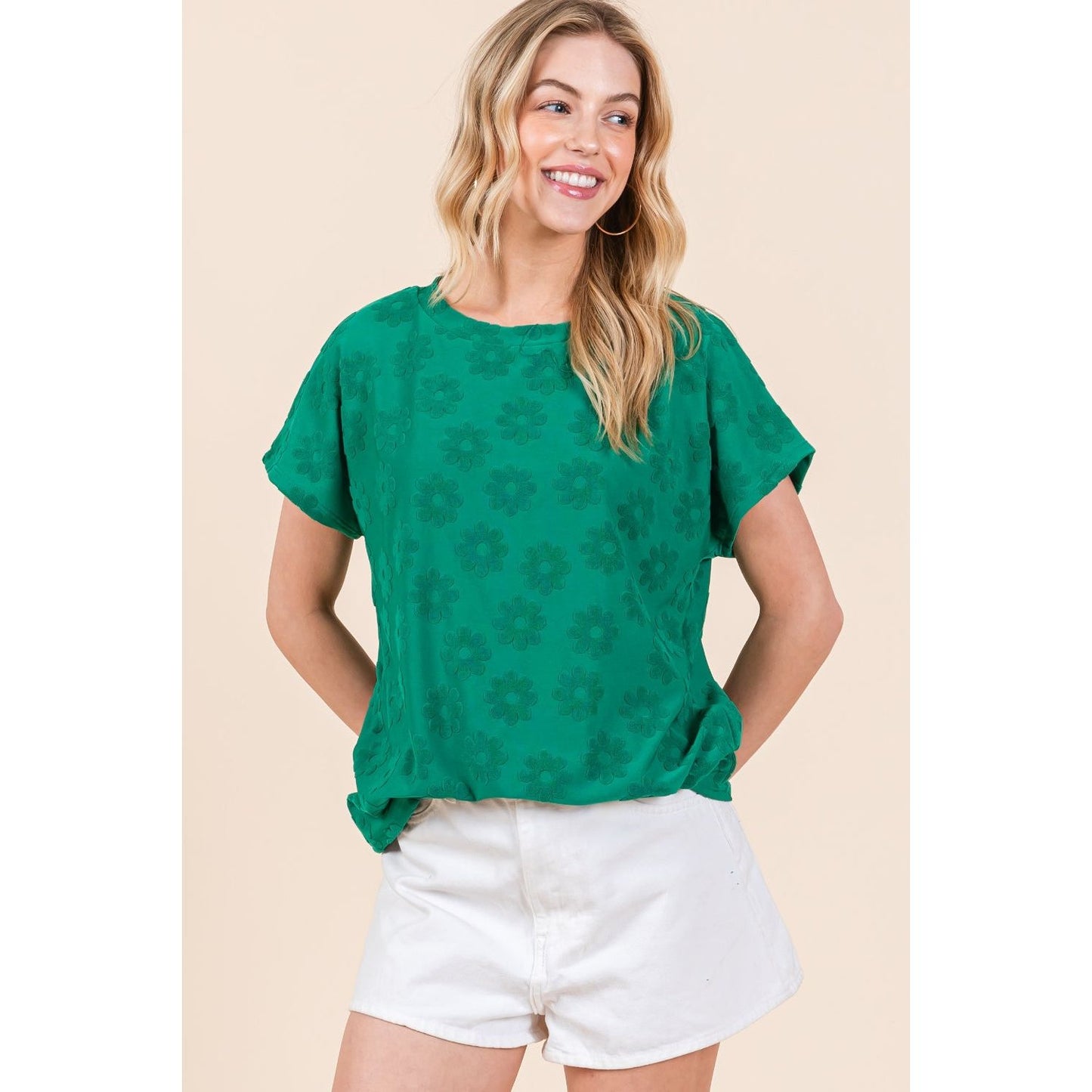 BOMBOM Textured Floral Pattern Short Sleeve T-Shirt