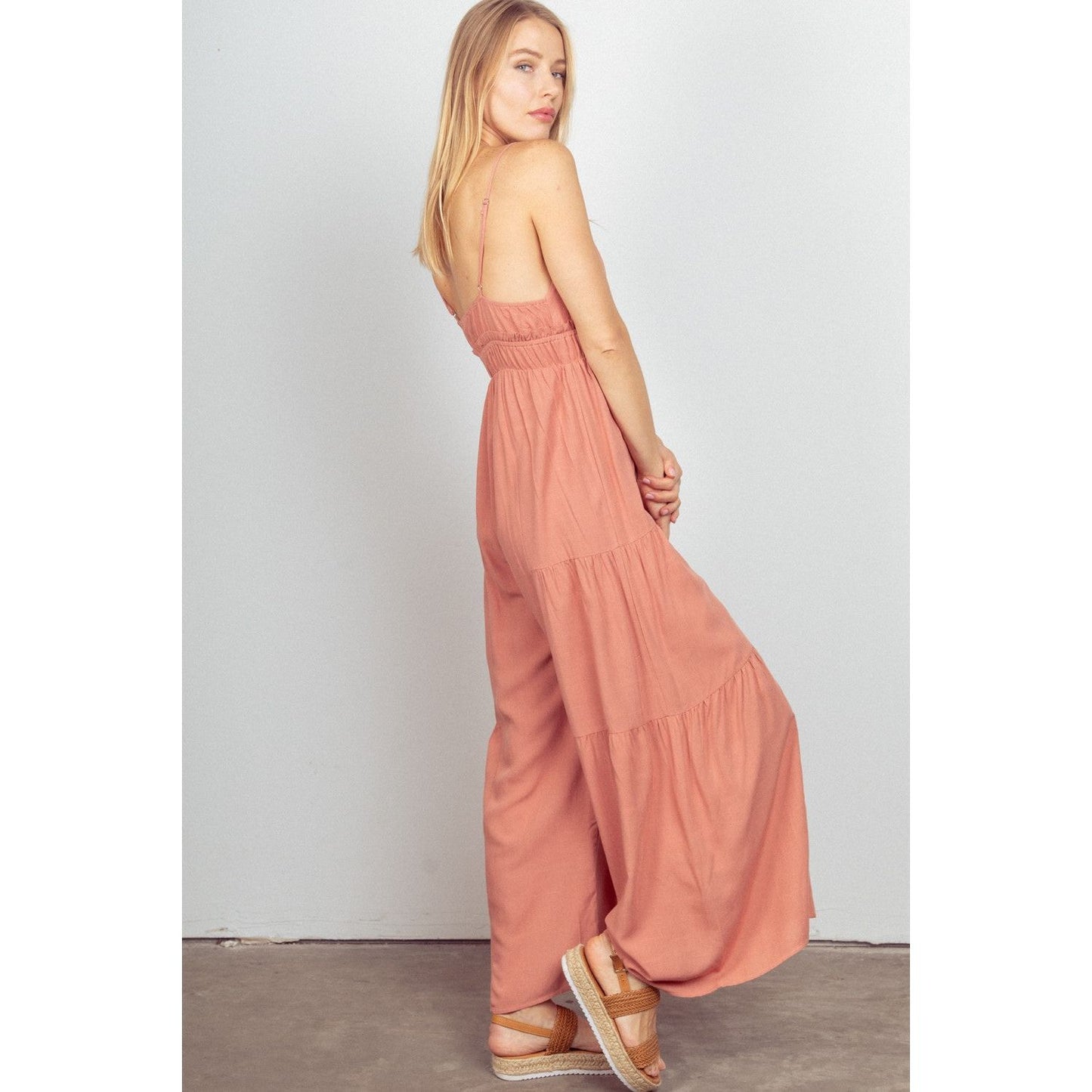 VERY J Sleeveless Ruched Wide Leg Jumpsuit