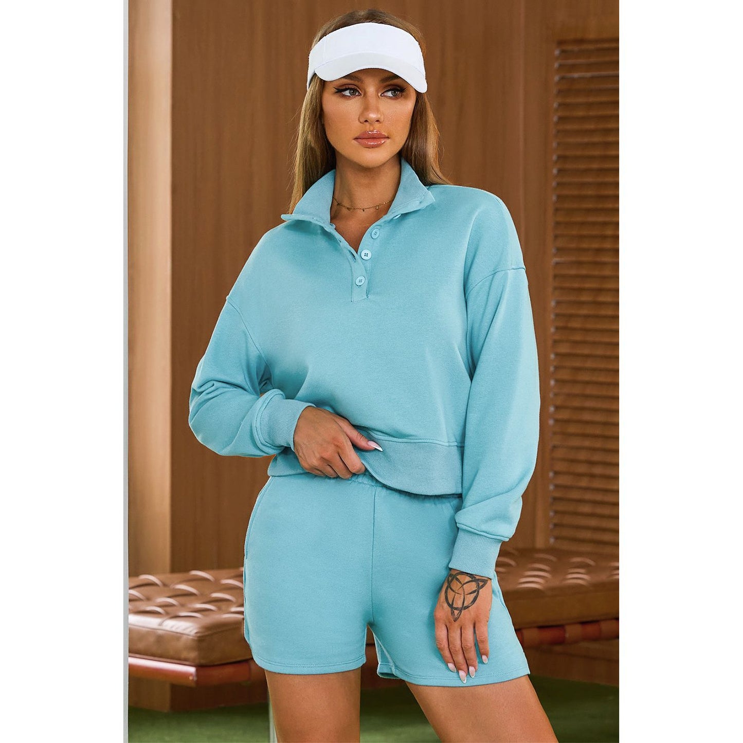 Half Button Sweatshirt and Shorts Active Set