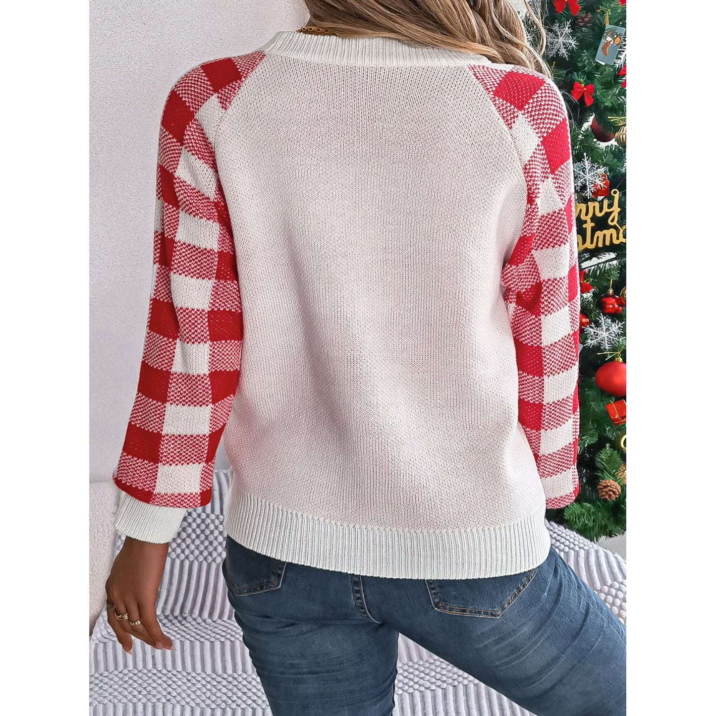 Reindeer Plaid Round Neck Long Sleeve Sweater