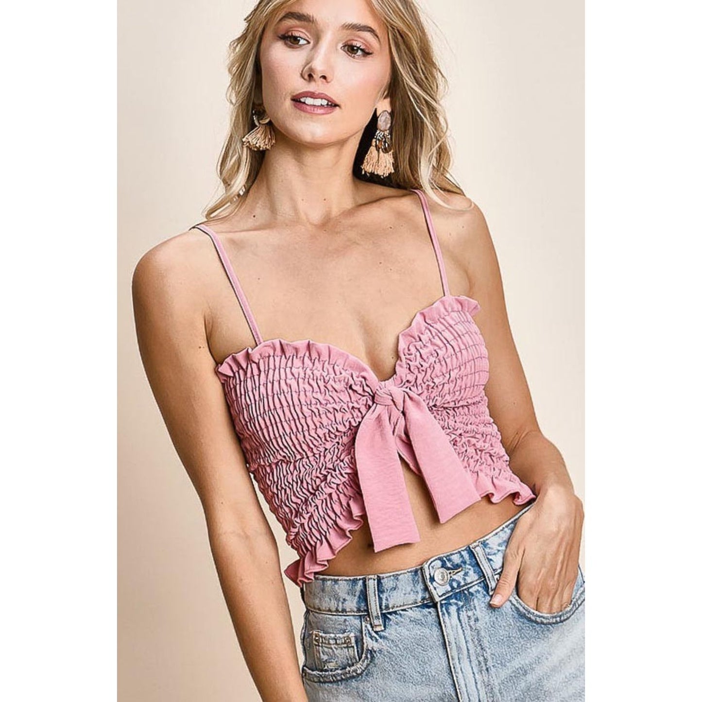 BiBi Ruffled Smocked Ribbon Detail Cami