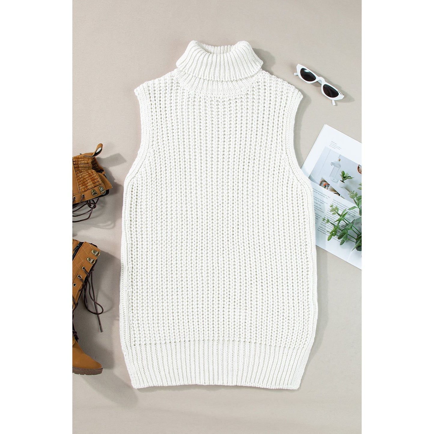 Slit Turtleneck Sleeveless Sweater Vest