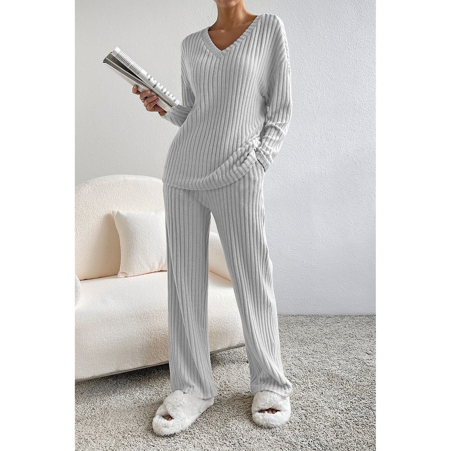 Ribbed V-Neck Top and Pants Lounge Set