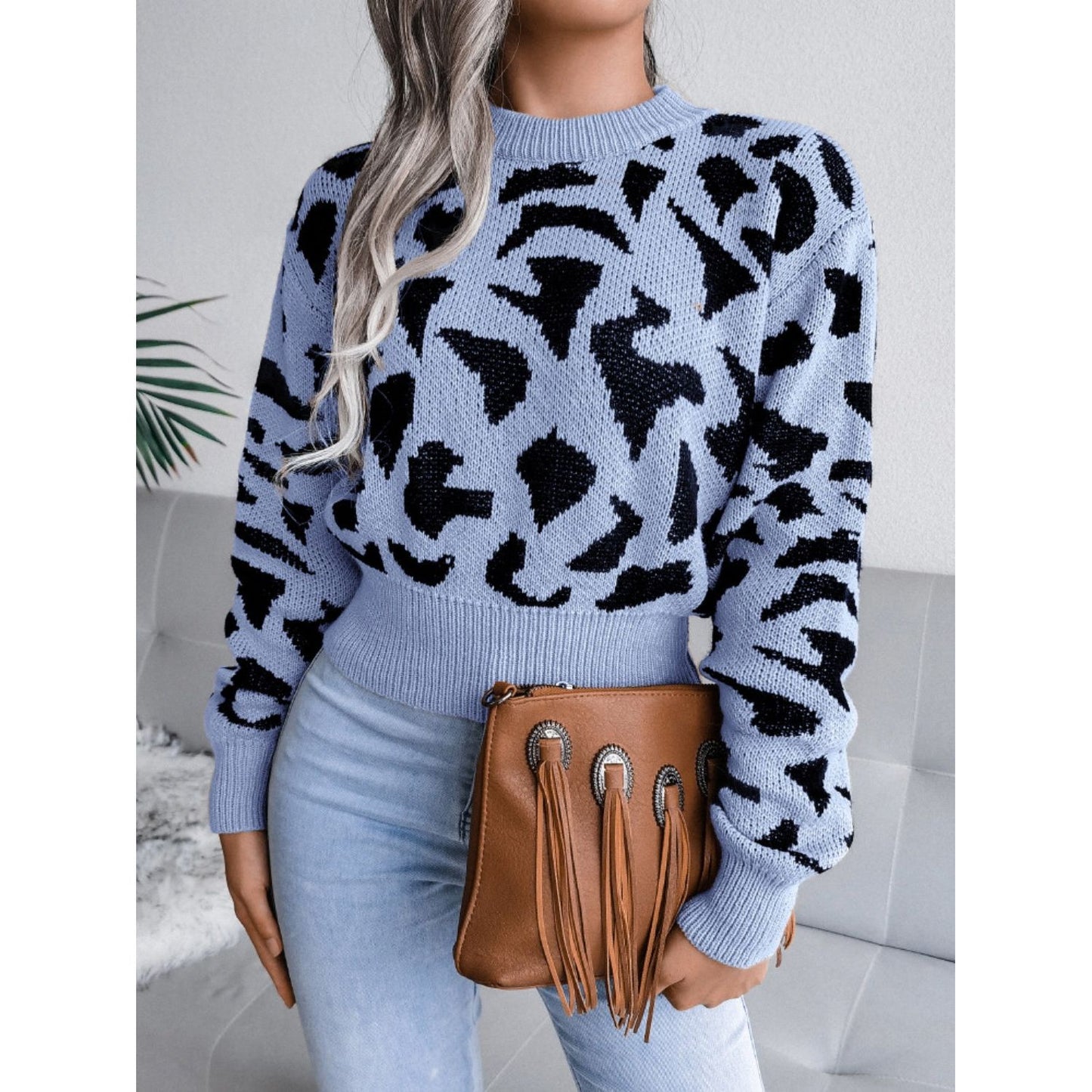 Leopard Round Neck Dropped Shoulder Sweater