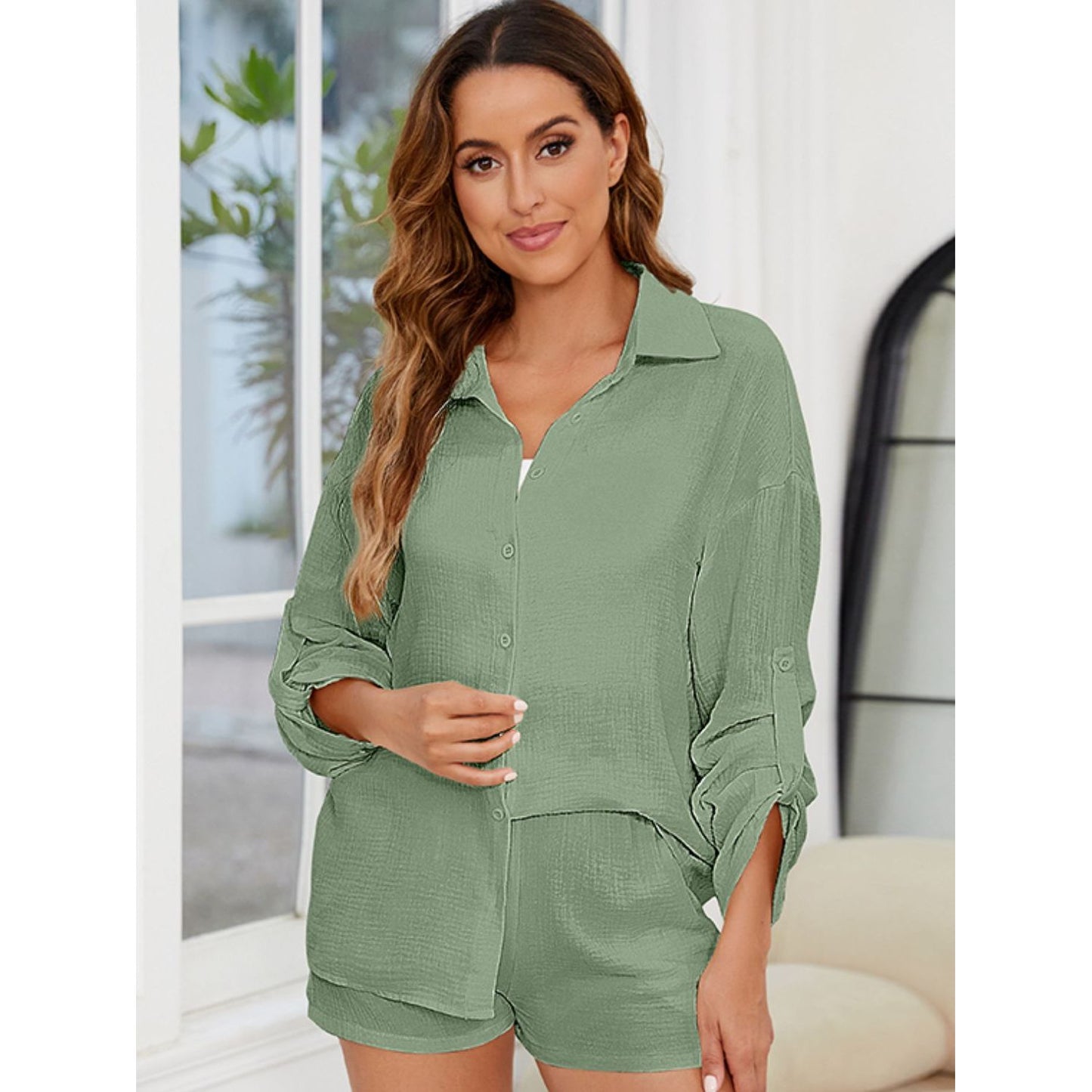 Button Up Long Sleeve Top and Shorts Set