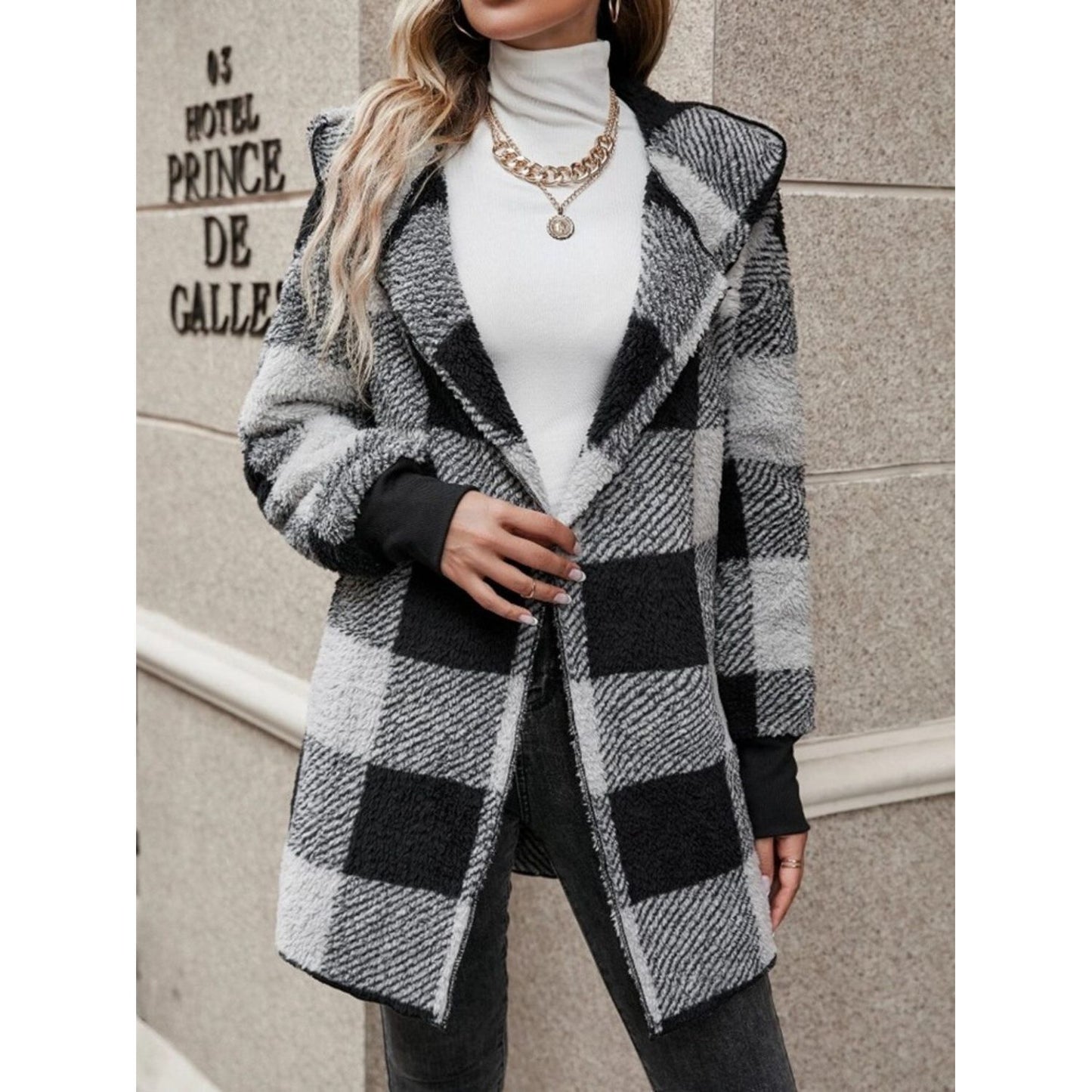 Plaid Long Sleeve Hooded Coat