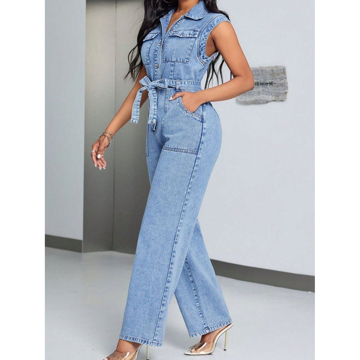 Tied Half Button Denim Jumpsuit with Pockets