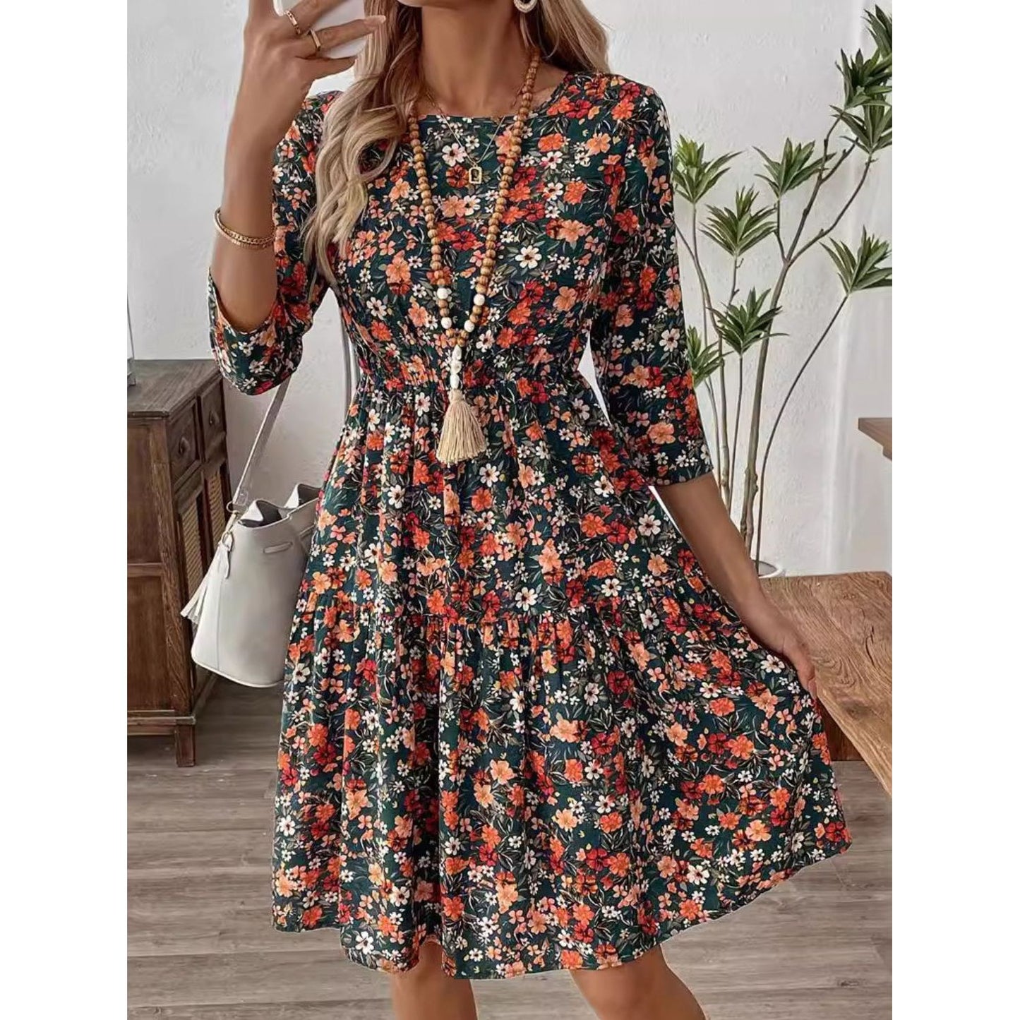 Frill Floral Round Neck Dress