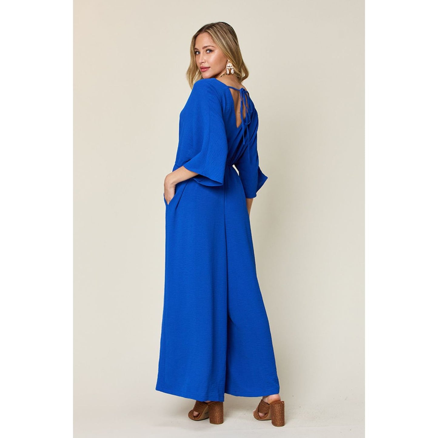 Double Take Full Size Surplice Wide Leg Jumpsuit with Pockets