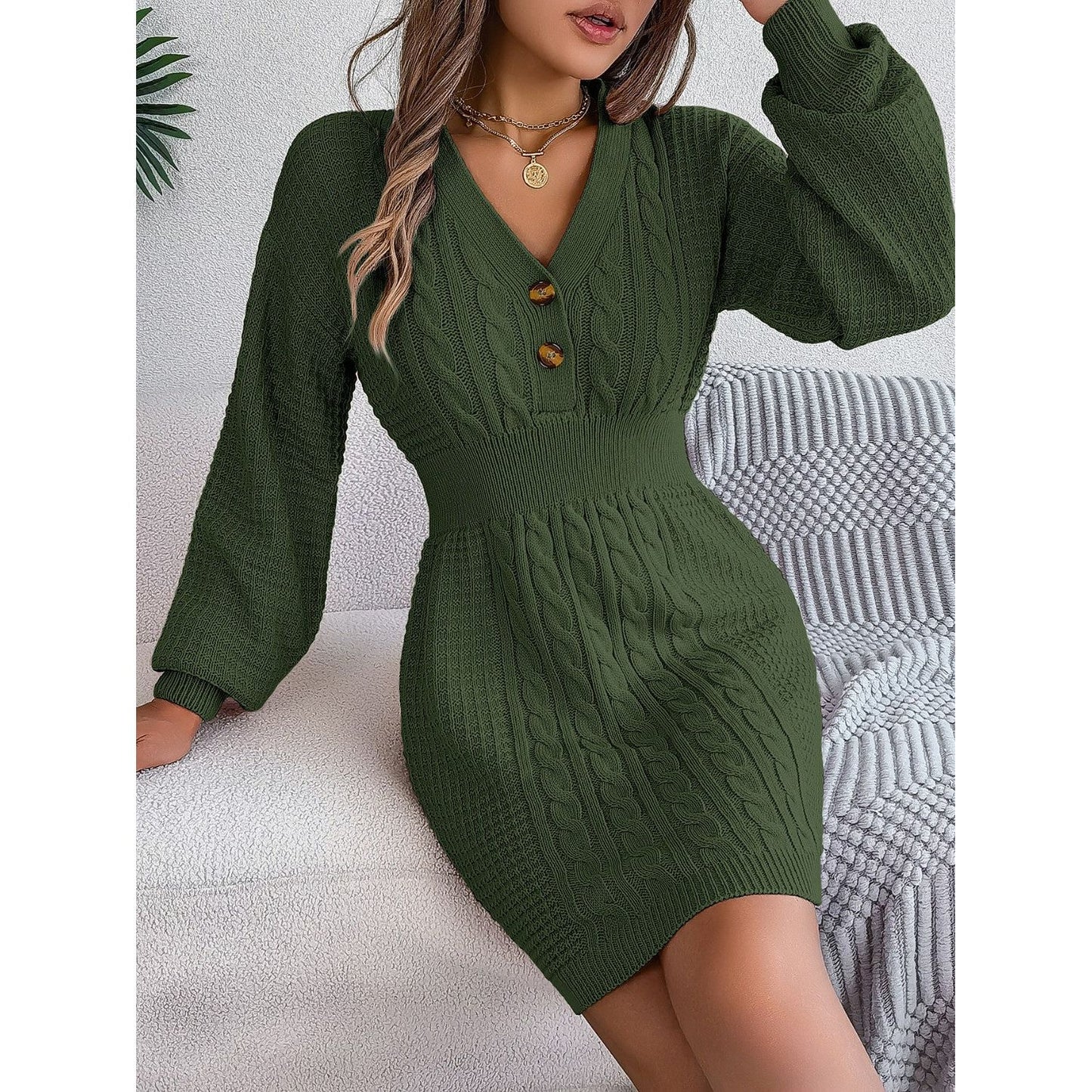 Buttoned Cable-Knit V-Neck Sweater Dress