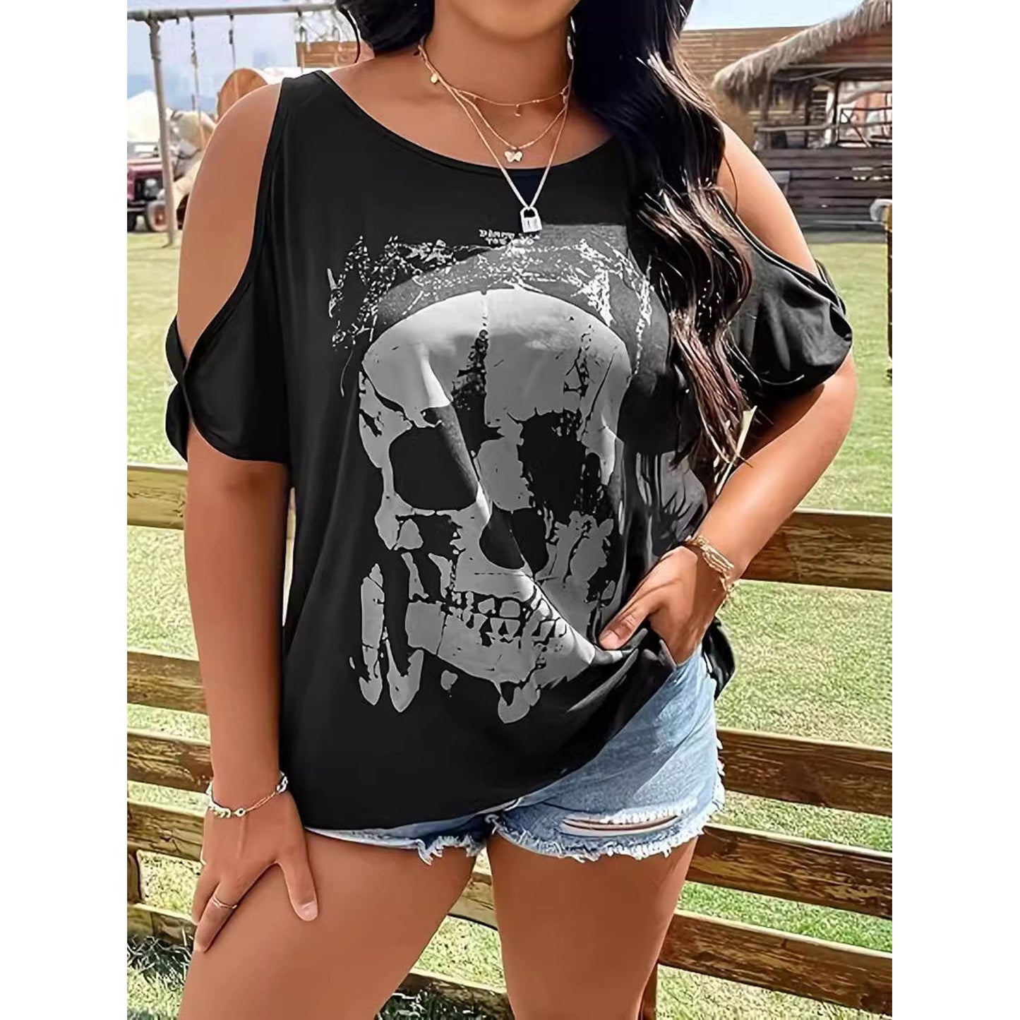 Plus Size Skeleton Graphic Round Neck Cold Shoulder T-Shirt