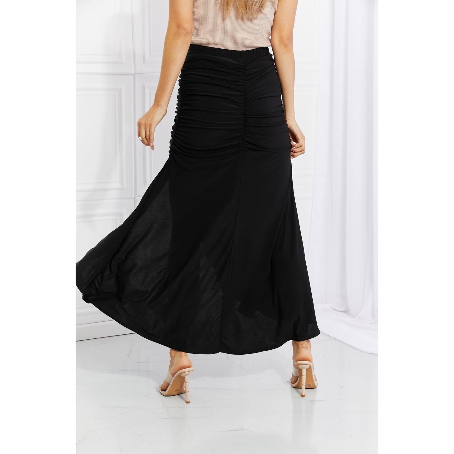 White Birch Full Size Up and Up Ruched Slit Maxi Skirt in Black