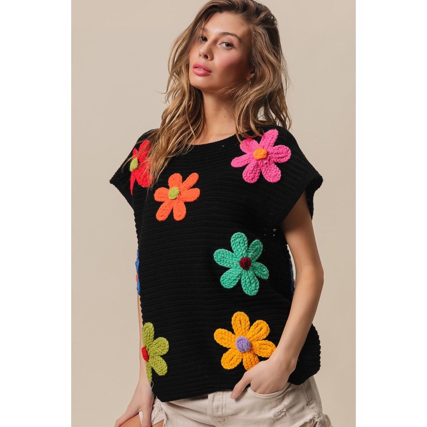 BiBi Flower Round Neck Cap Sleeve Knit Top