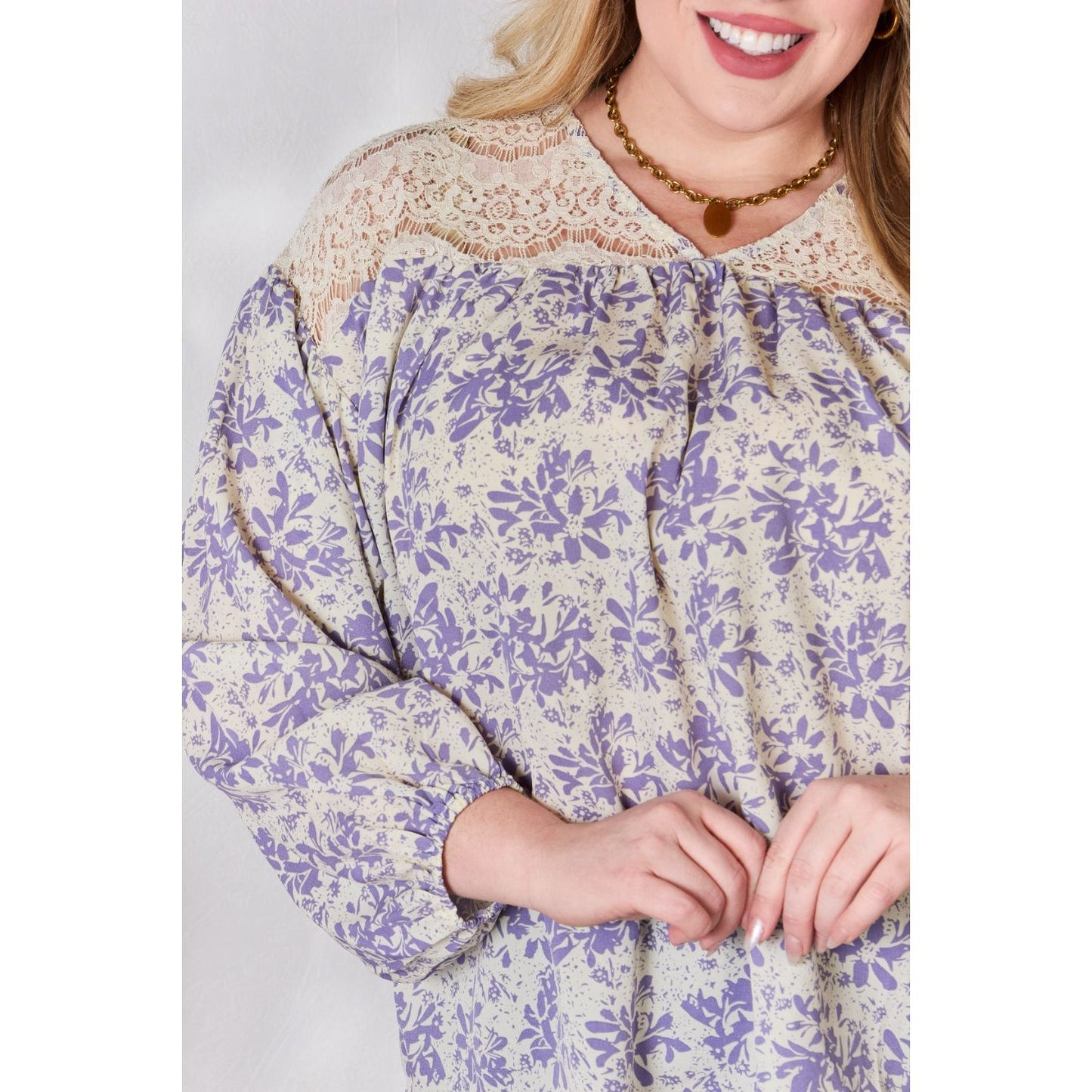 Hailey & Co Full Size Lace Detail Printed Blouse