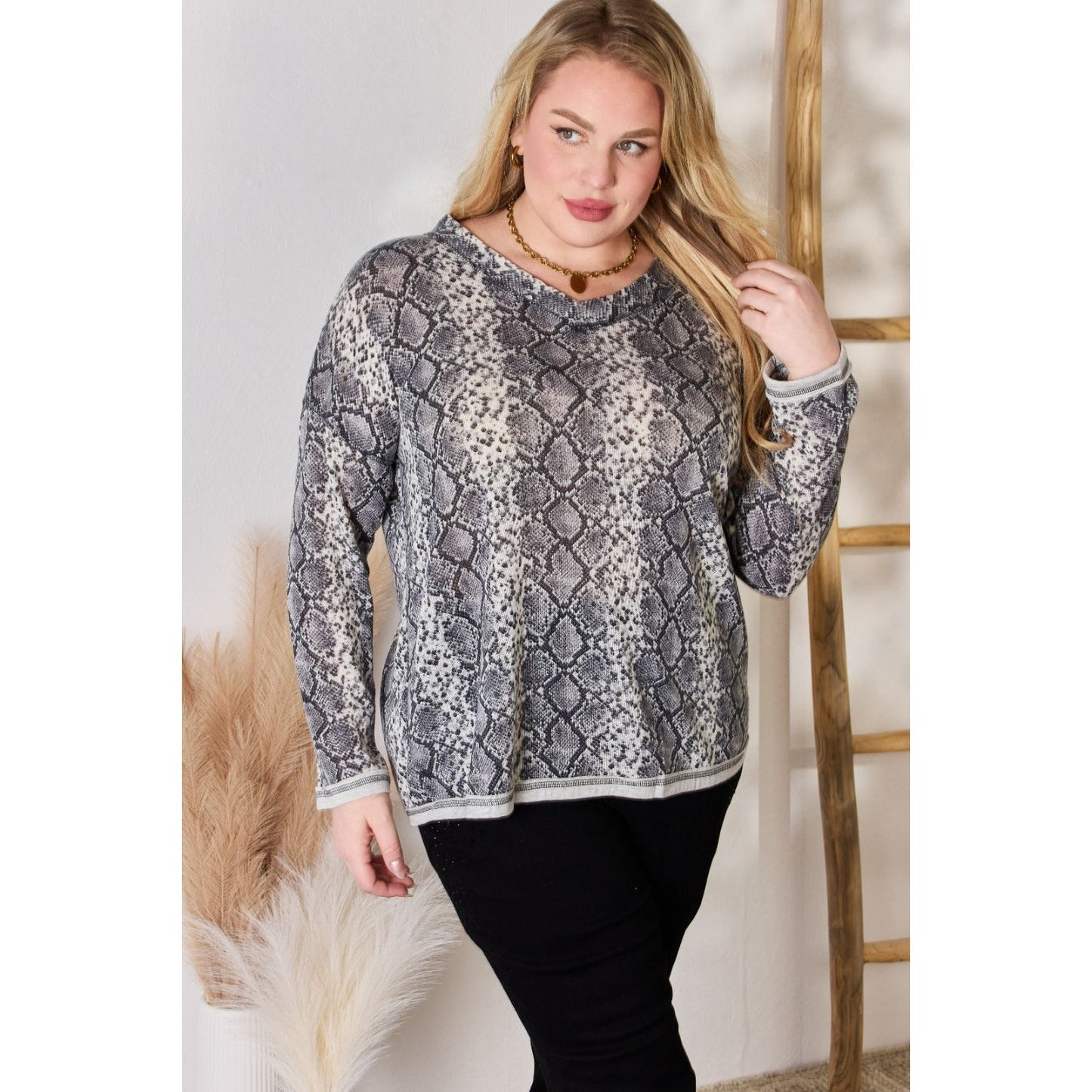 Hailey & Co Full Size Snakeskin V-Neck Long Sleeve Top