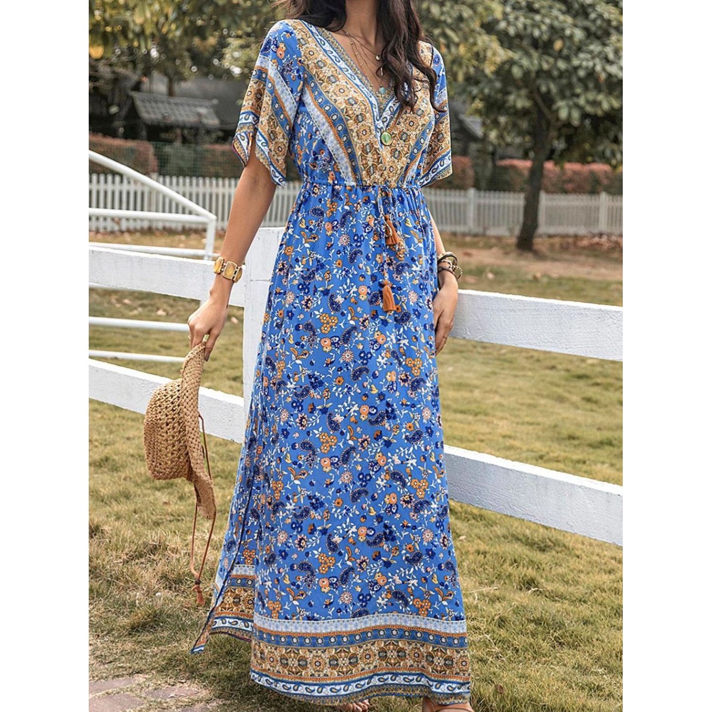 Slit Printed V-Neck Half Sleeve Maxi Dress