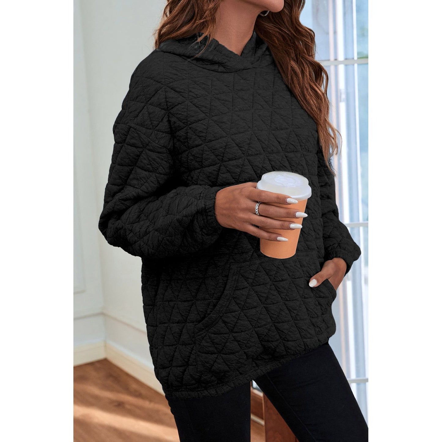 Quilted Long Sleeve Hoodie with Pocket