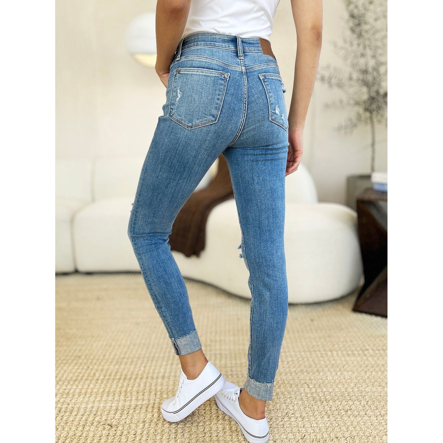 Judy Blue Full Size Mid Rise Destroy & Cuff Skinny Jeans