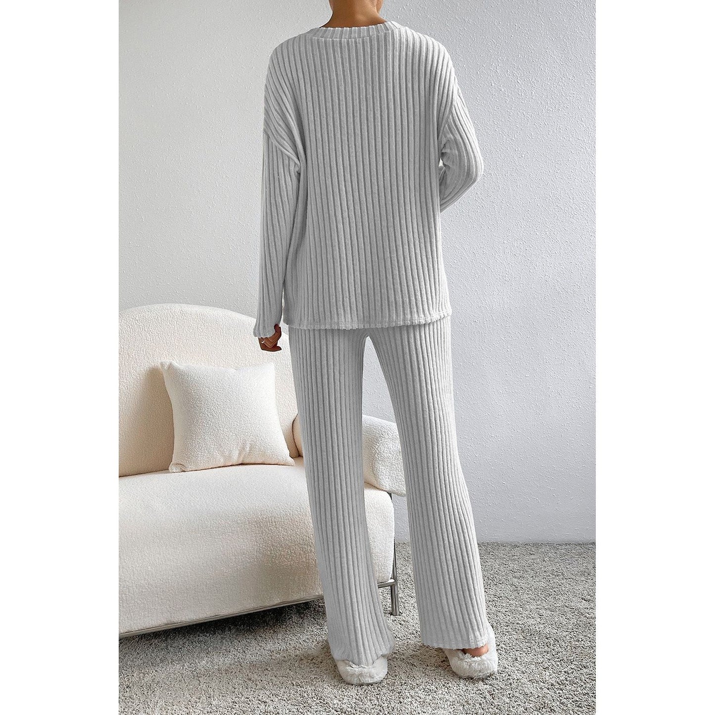 Ribbed V-Neck Top and Pants Lounge Set