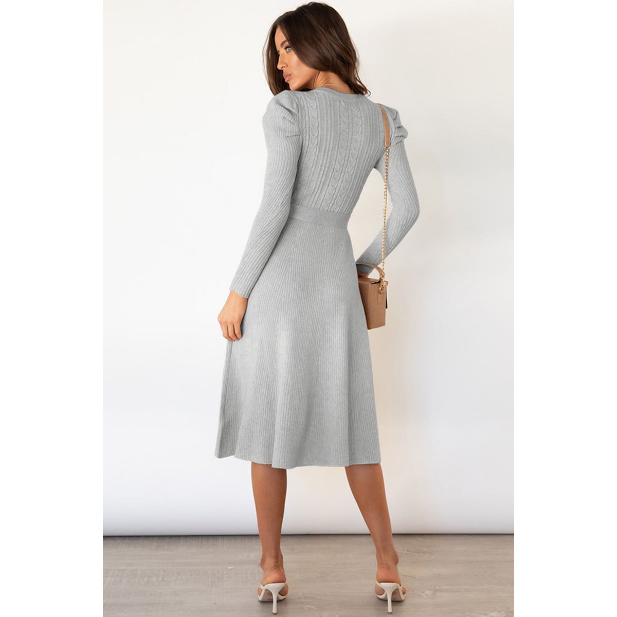 Round Neck Long Sleeve Tie Waist Sweater Dress