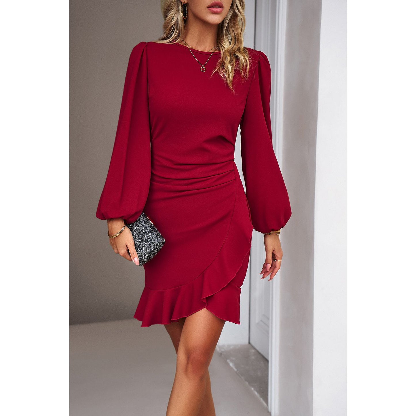 Devine Ruched Ruffled Balloon Sleeve Mini Dress