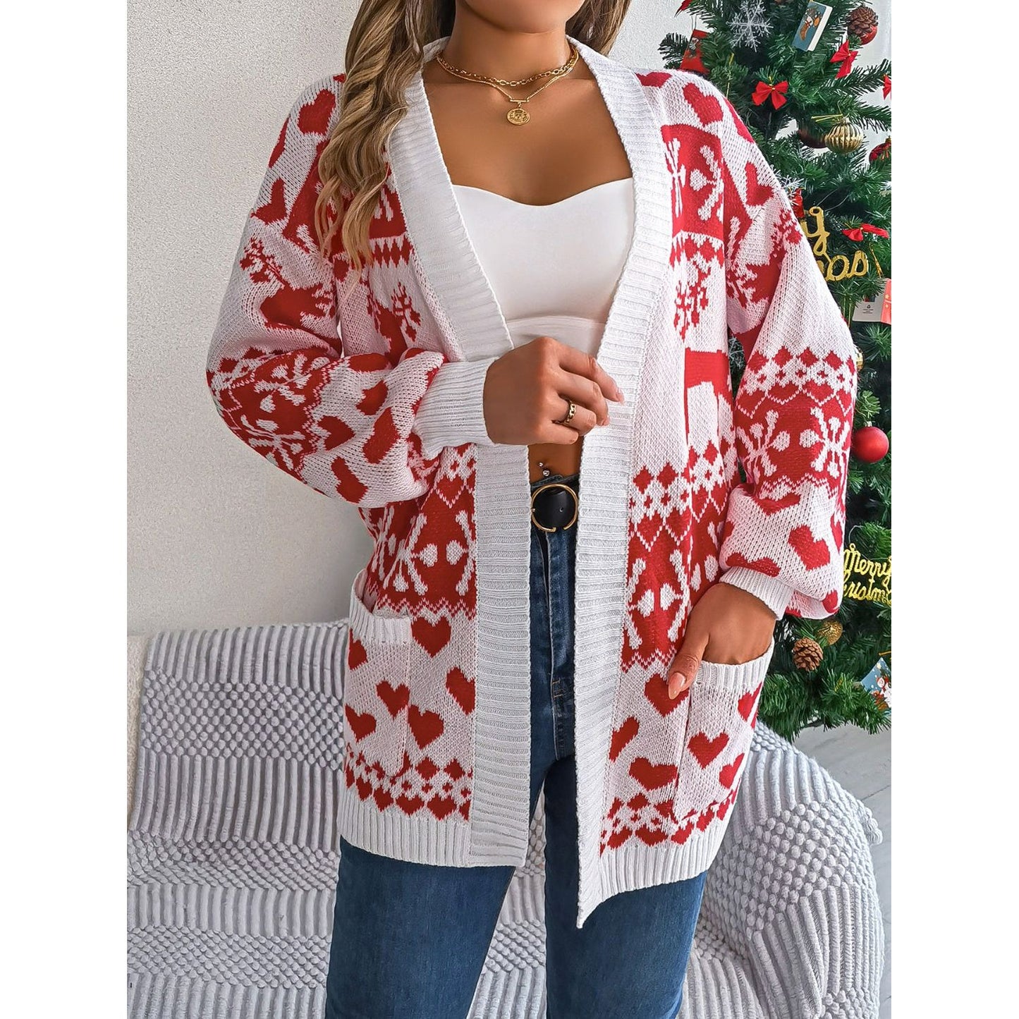 Pocketed Open Front Long Sleeve Cardigan