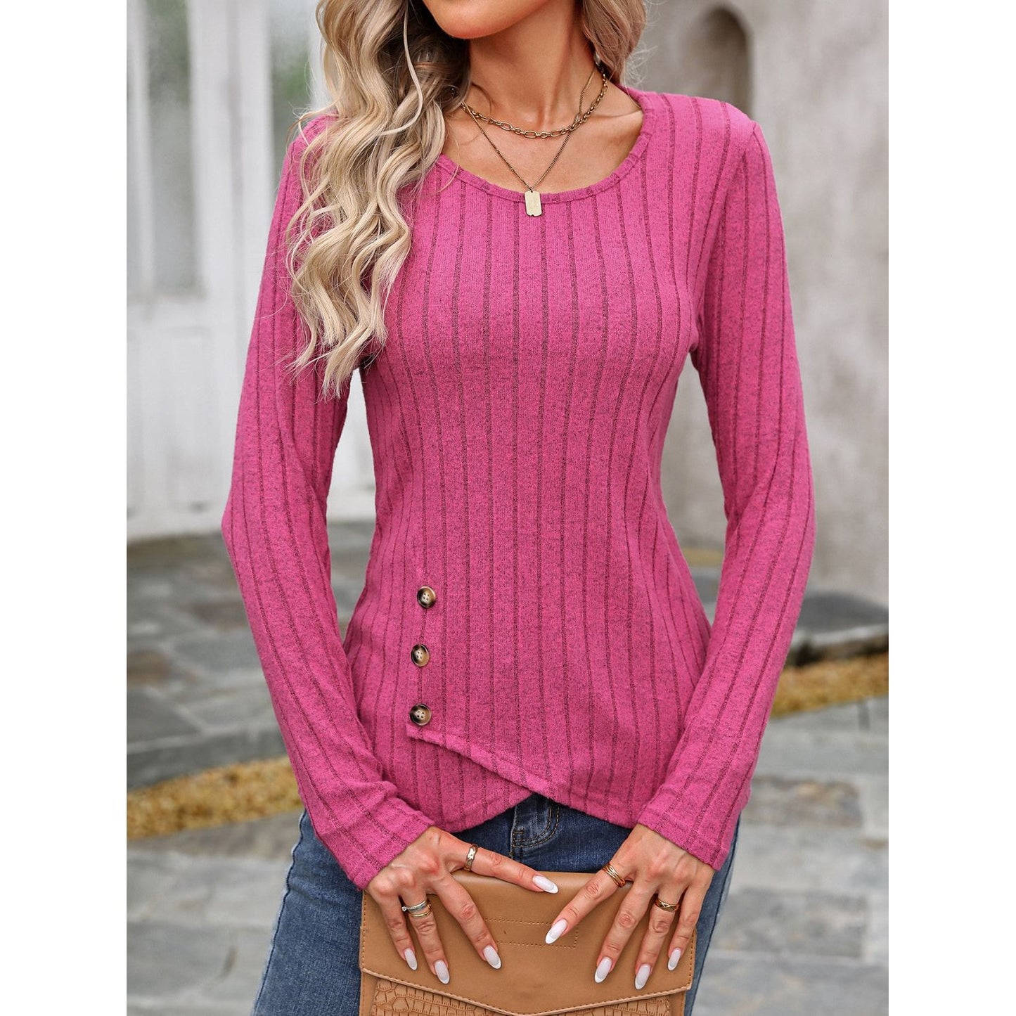 Decorative Button Round Neck Long Sleeve T-Shirt