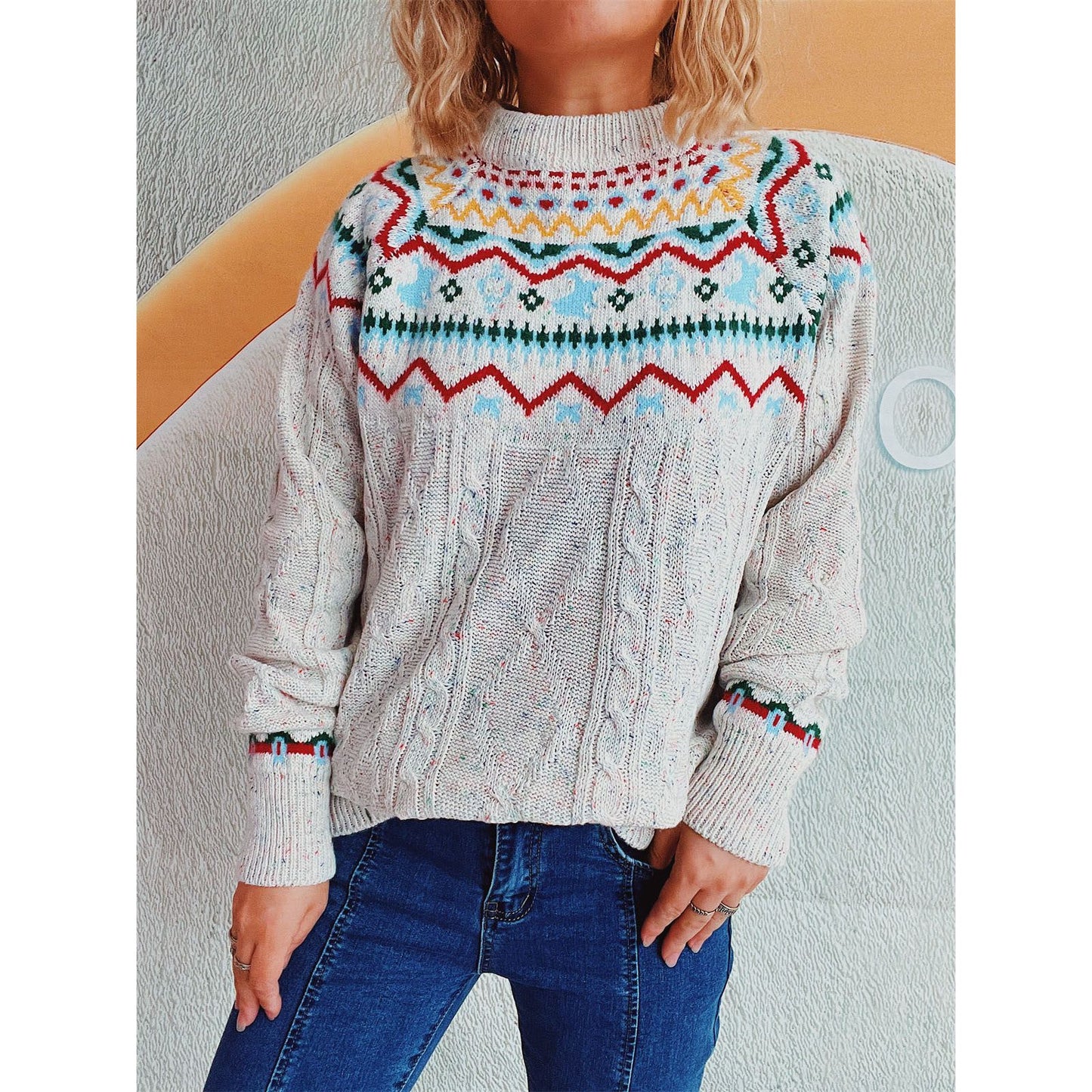 Cable-Knit Mock Neck Long Sleeve Sweater