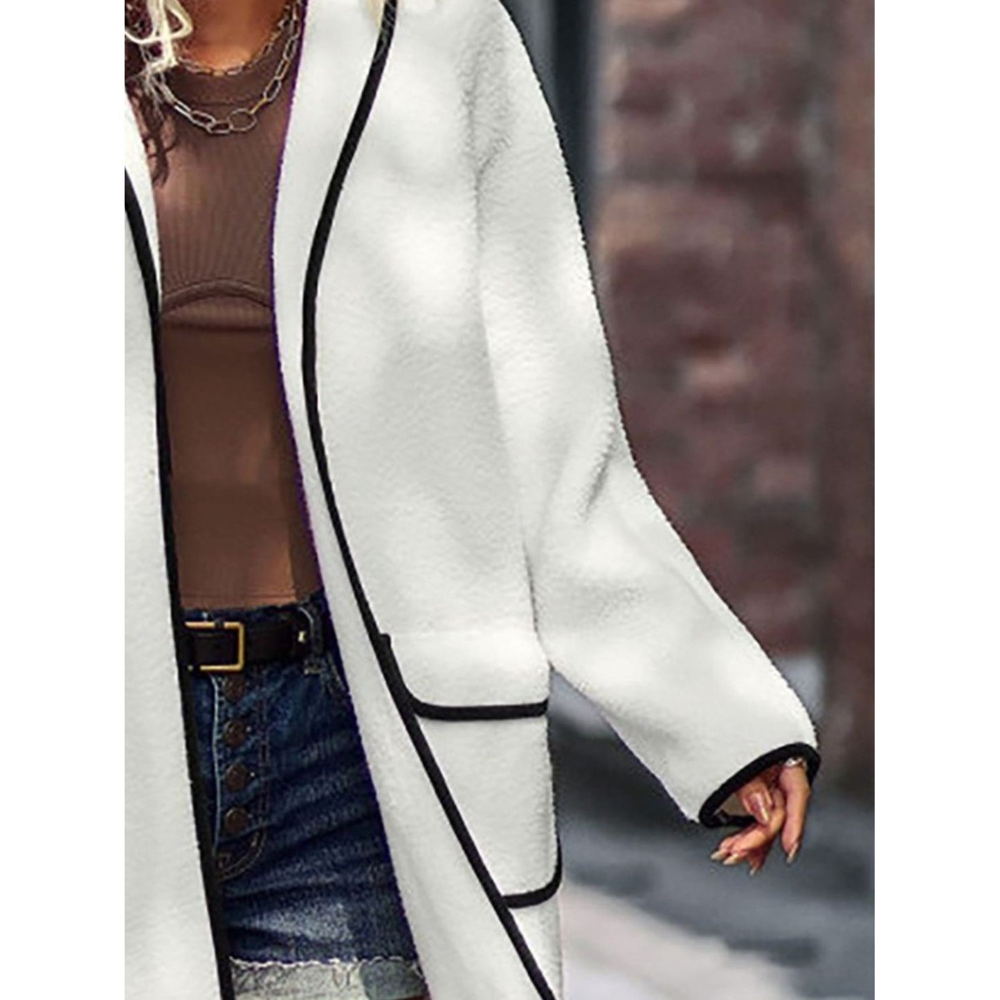 Full Size Contrast Trim Long Sleeve Coat with Pockets