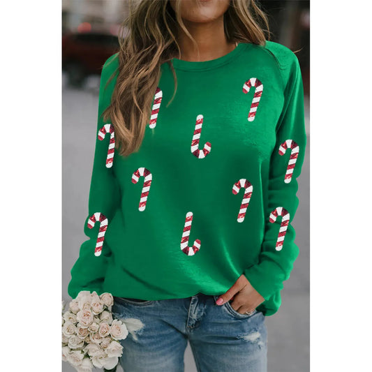 Candy Cane Round Neck Long Sleeve Sweatshirt