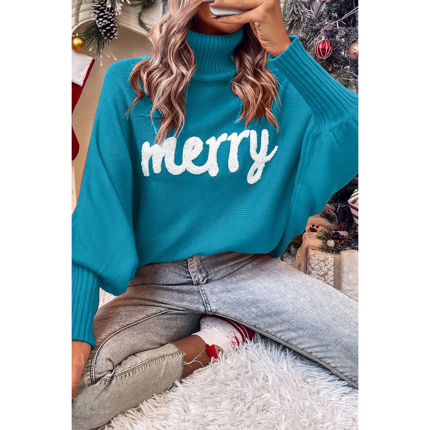 Double Take Full Size Merry Christmas Turtleneck Long Sleeve Sweater