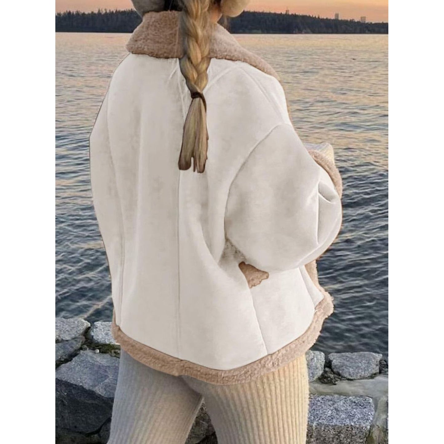 Fuzzy Collared Neck Long Sleeve Jacket