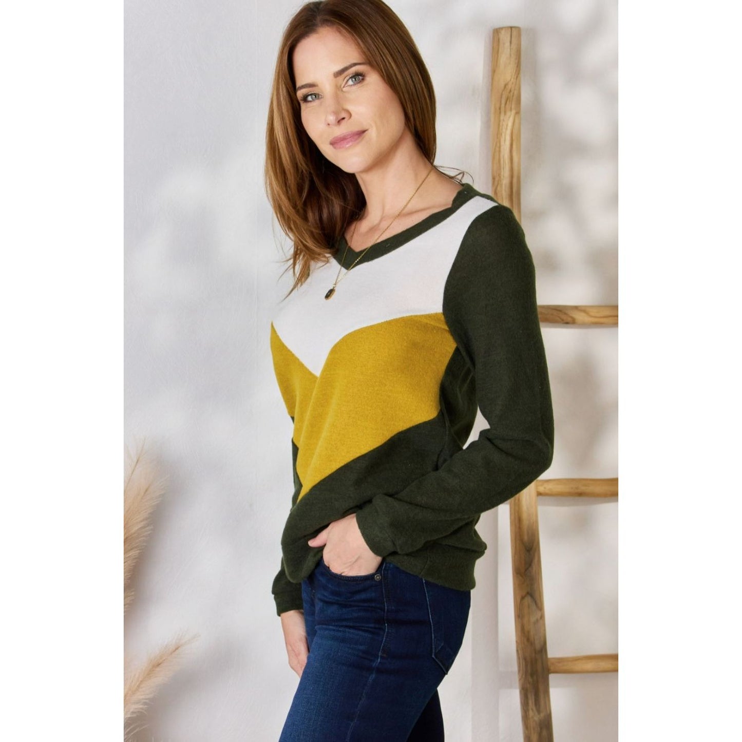 Hailey & Co Full Size Colorblock V-Neck Blouse