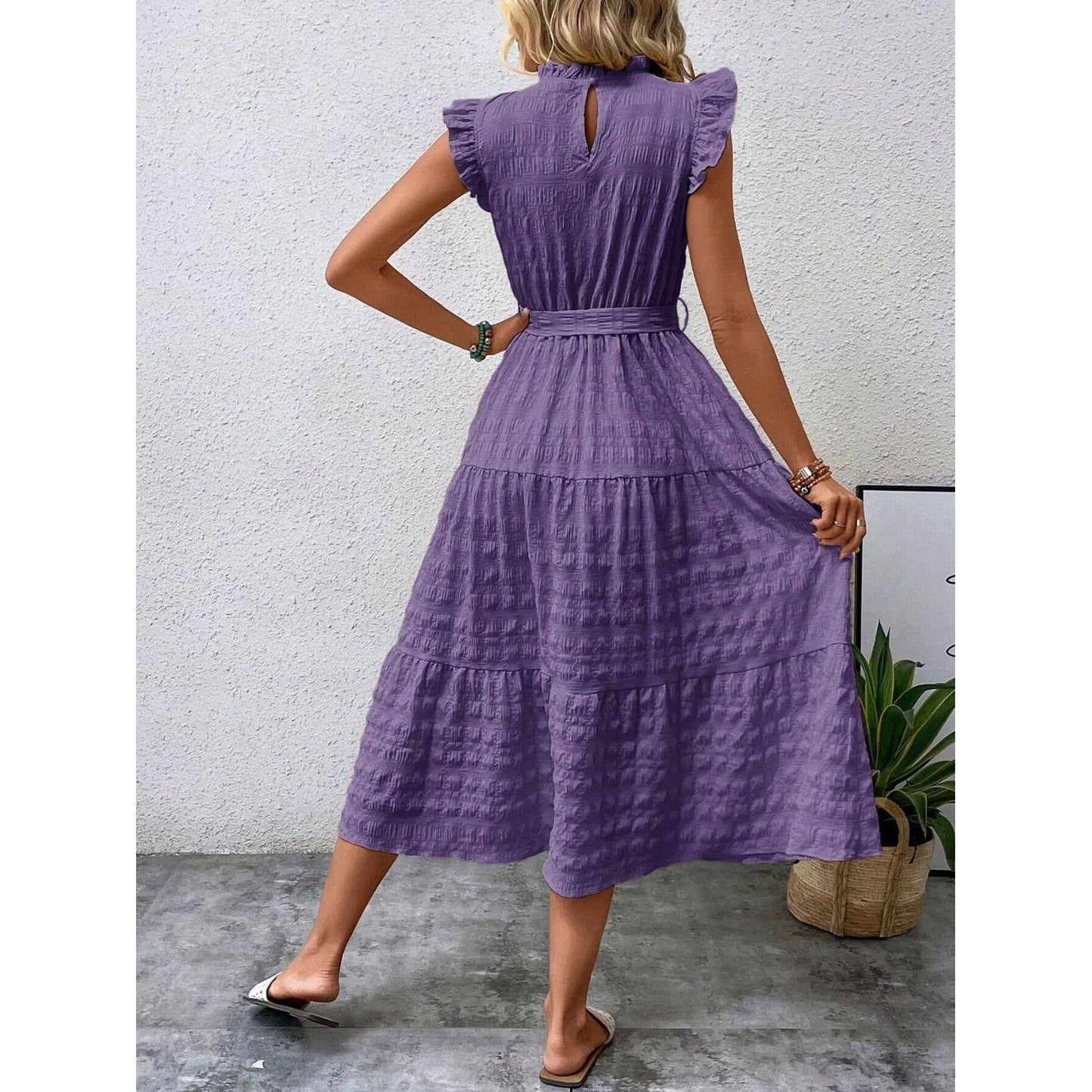 Tied Ruffled Cap Sleeve Midi Dress