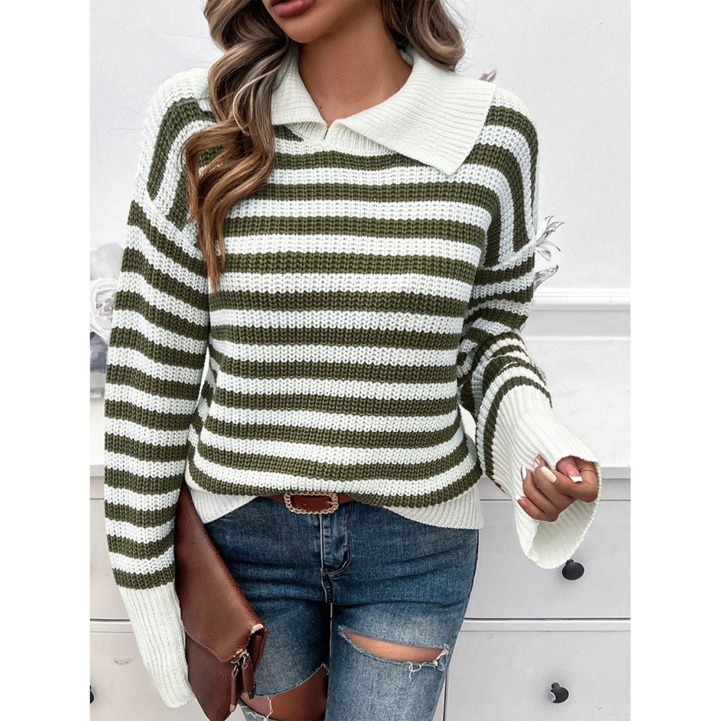 Devine Striped Collared Neck Long Sleeve Sweater