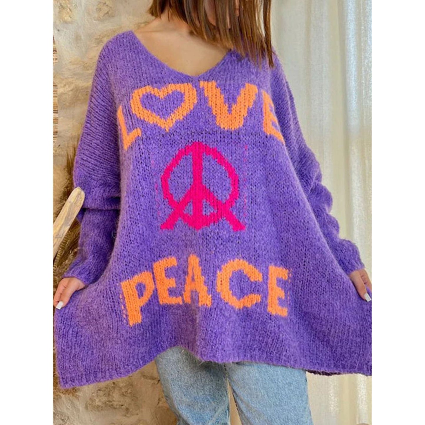 Peace Graphic V-Neck Long Sleeve Sweater