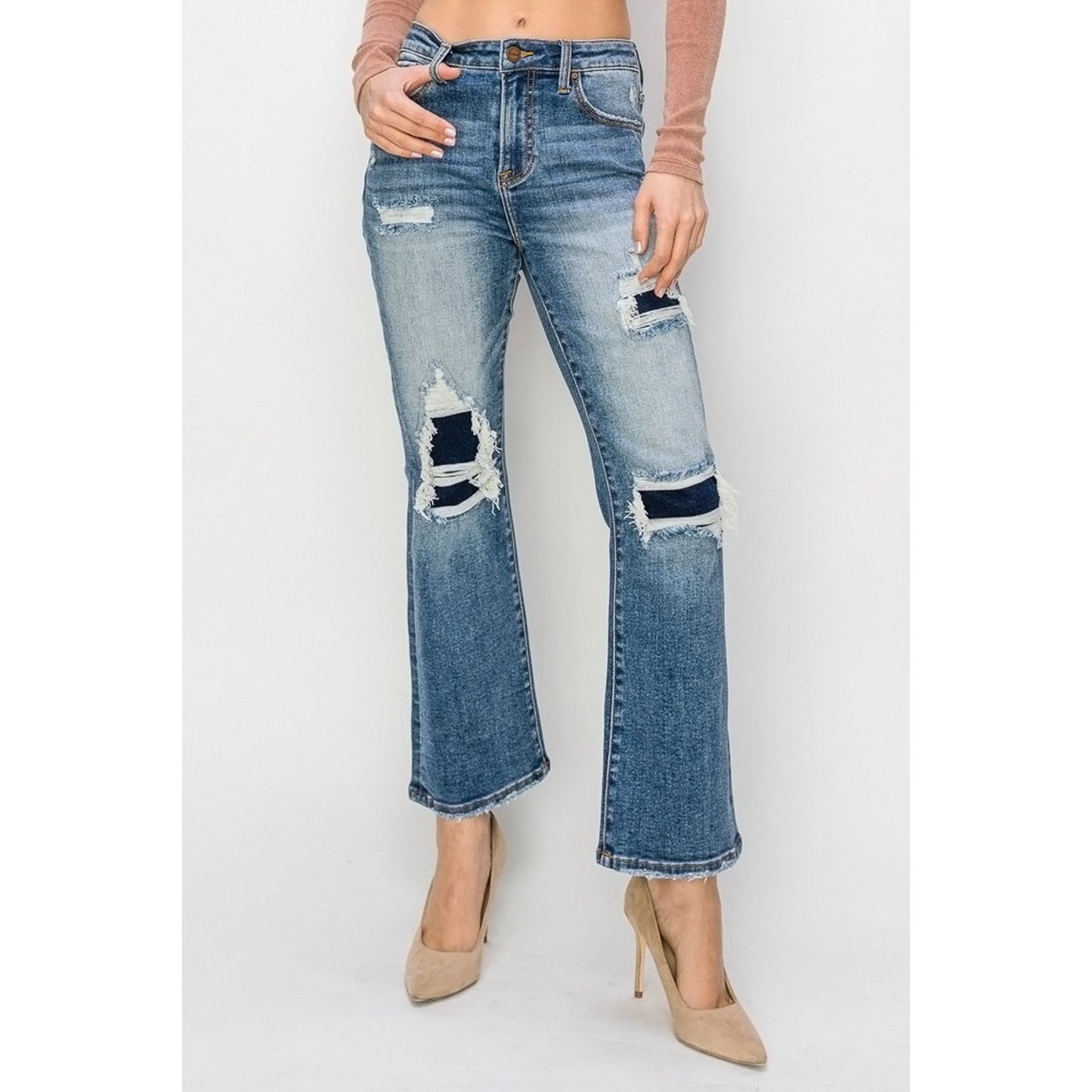 Risen Full Size High Rise Distressed Ankle Flare Jeans