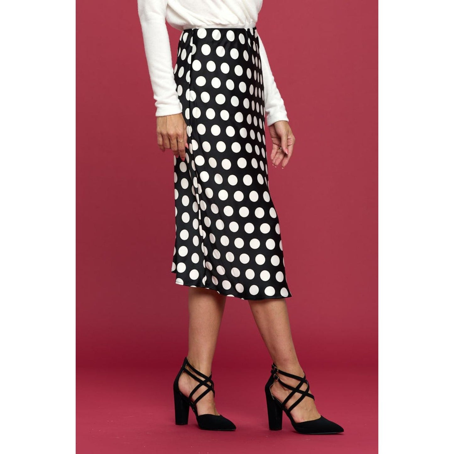 RENEE C Polka Dot Satin Midi Skirt