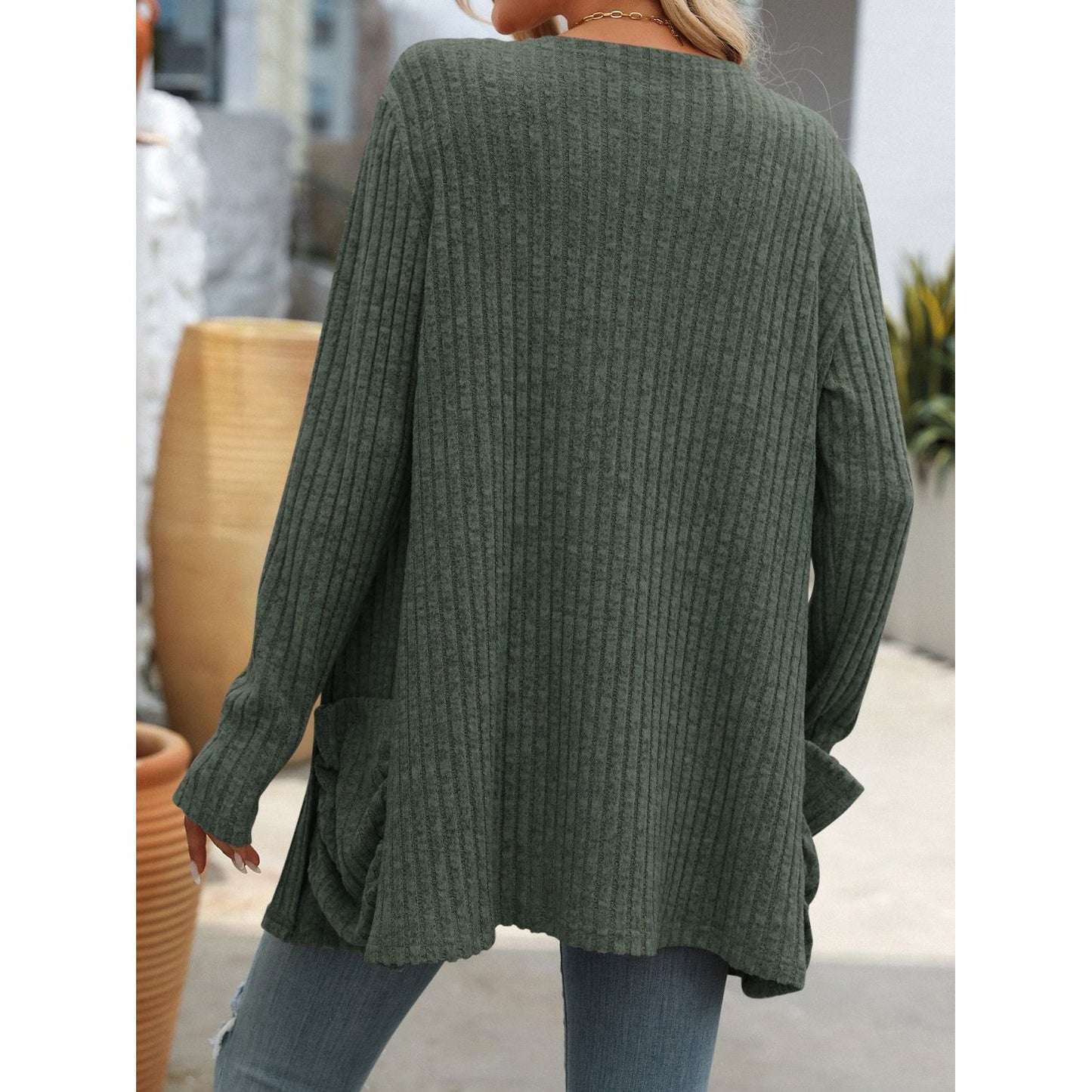 Open Front Long Sleeve Ribbed Cardigan