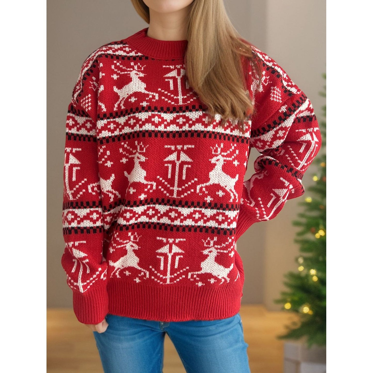 Christmas Element Round Neck Long Sleeve Sweater