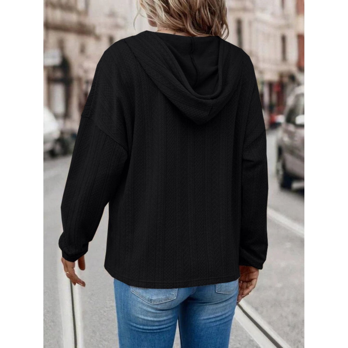 Drawstring Dropped Shoulder Long Sleeve Hoodie